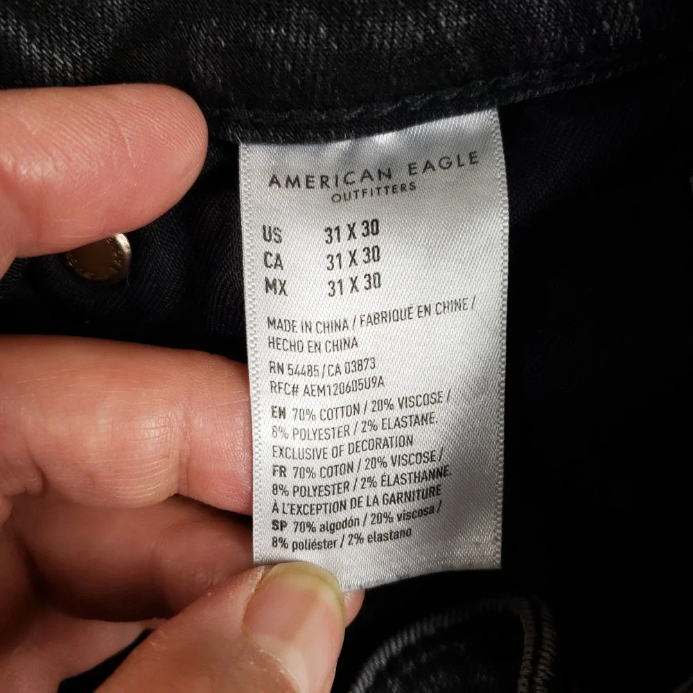 American Eagle Airflex+ Mens Skinny Distressed Jeans Washed Black 31x30 Patched